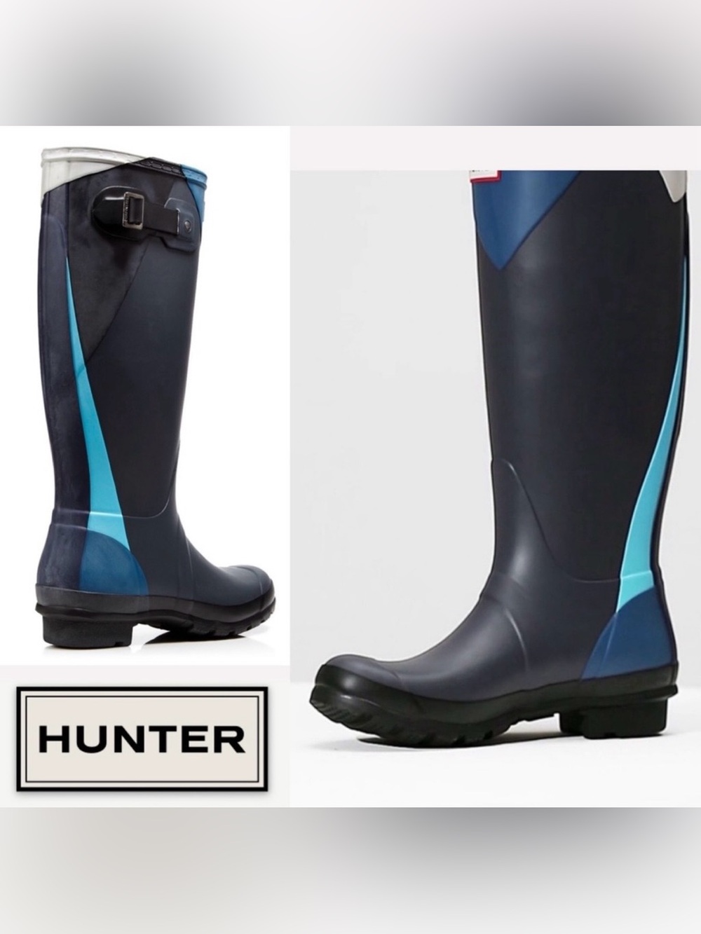 hunter RARE “dazzle” tall rain boots in sky blue with blue colorblock accents 8